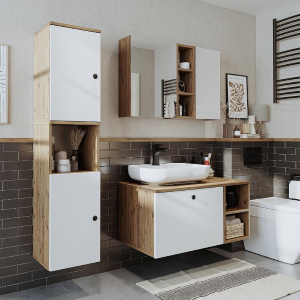 Mobile bagno sospeso lavabo appoggio tondo specchio colonna 95 cm rovere bianco Ocean