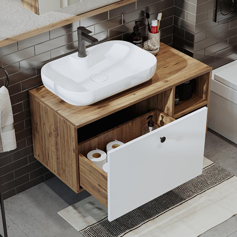 Mobile bagno sospeso lavabo appoggio tondo specchio colonna 95 cm rovere bianco Ocean