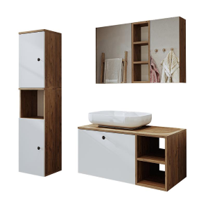 Mobile bagno sospeso lavabo appoggio tondo specchio colonna 95 cm rovere bianco Ocean