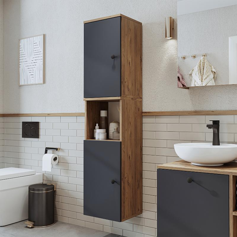 Colonna bagno alta sospesa 2 anta vano 35xH150 cm rovere antracite Ocean