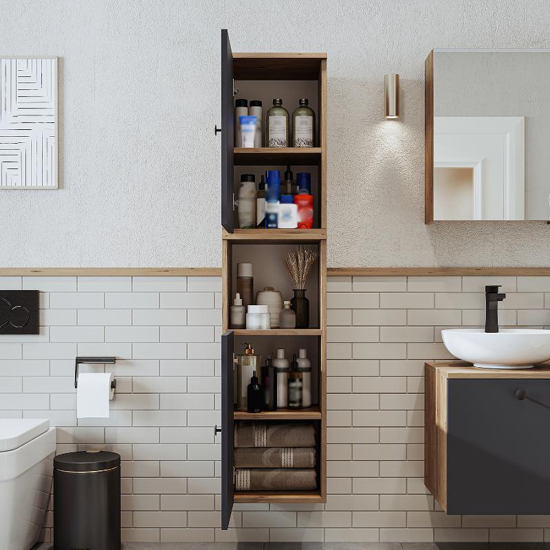 Colonna bagno alta sospesa 2 anta vano 35xH150 cm rovere antracite Ocean