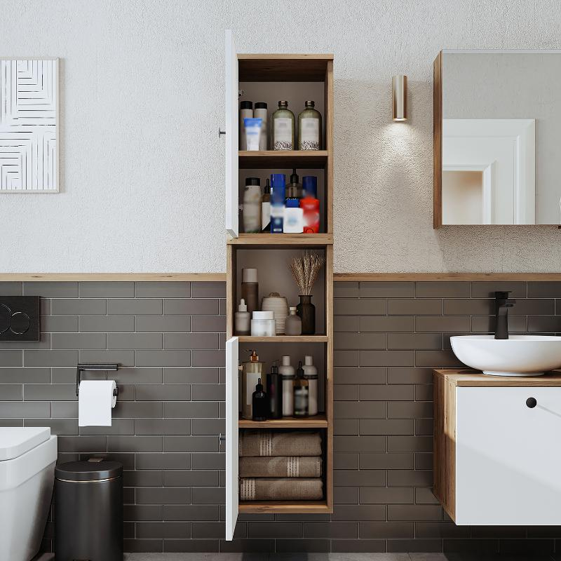 Colonna bagno alta sospesa 2 anta vano 35xH150 cm rovere bianco Ocean