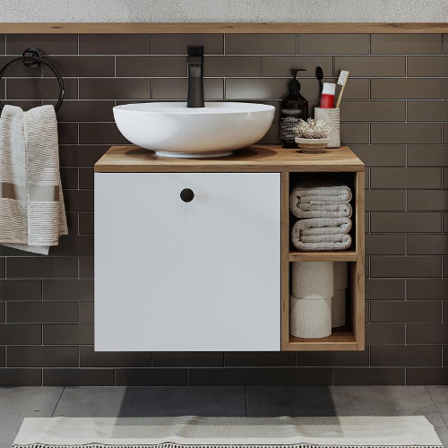 Mobile bagno sospeso lavabo appoggio 65 cm rovere bianco Ocean