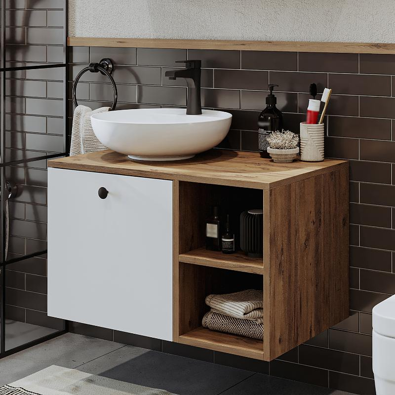 Mobile bagno sospeso lavabo appoggio 75 cm rovere bianco Ocean