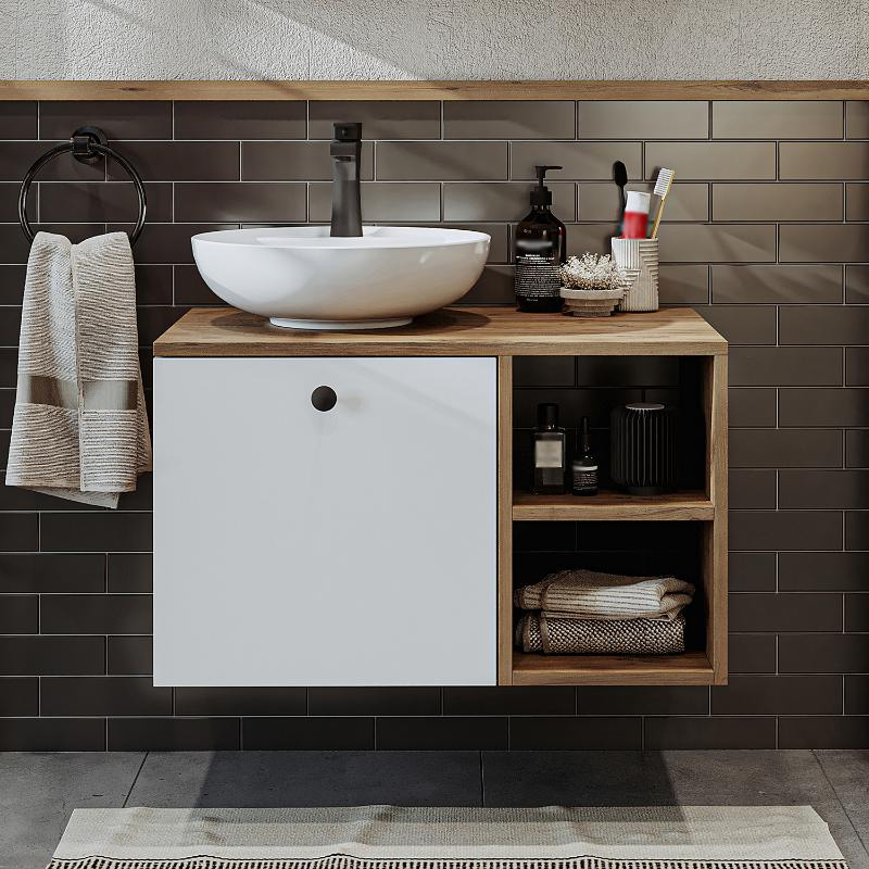 Mobile bagno sospeso lavabo appoggio 75 cm rovere bianco Ocean