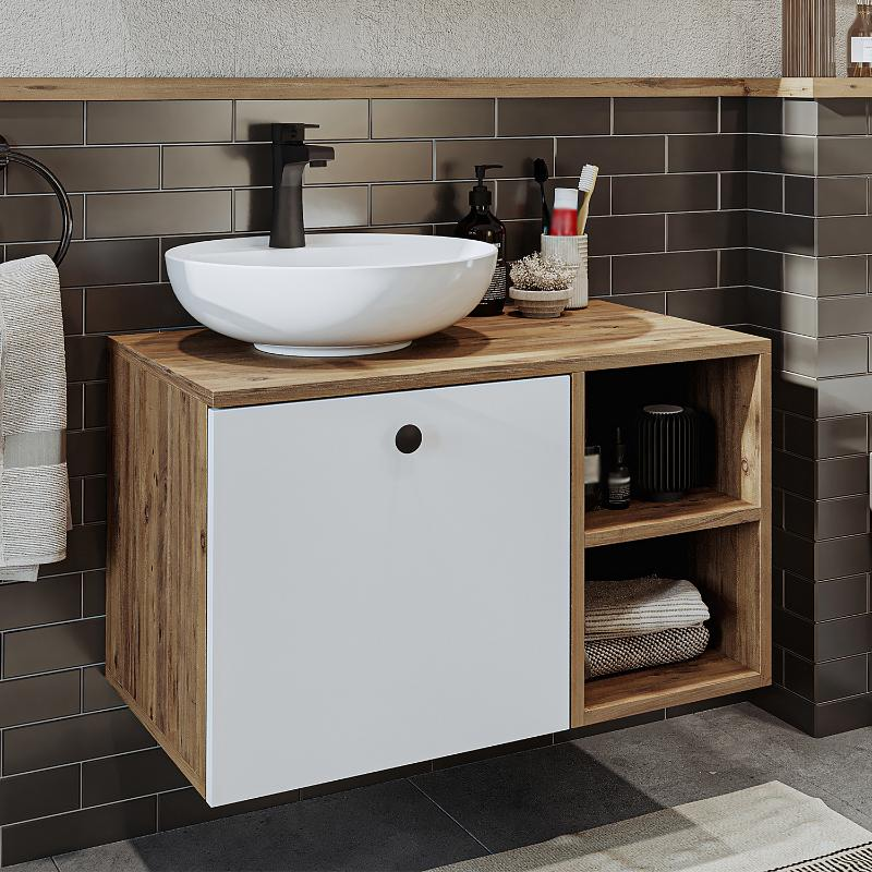 Mobile bagno sospeso lavabo appoggio 75 cm rovere bianco Ocean