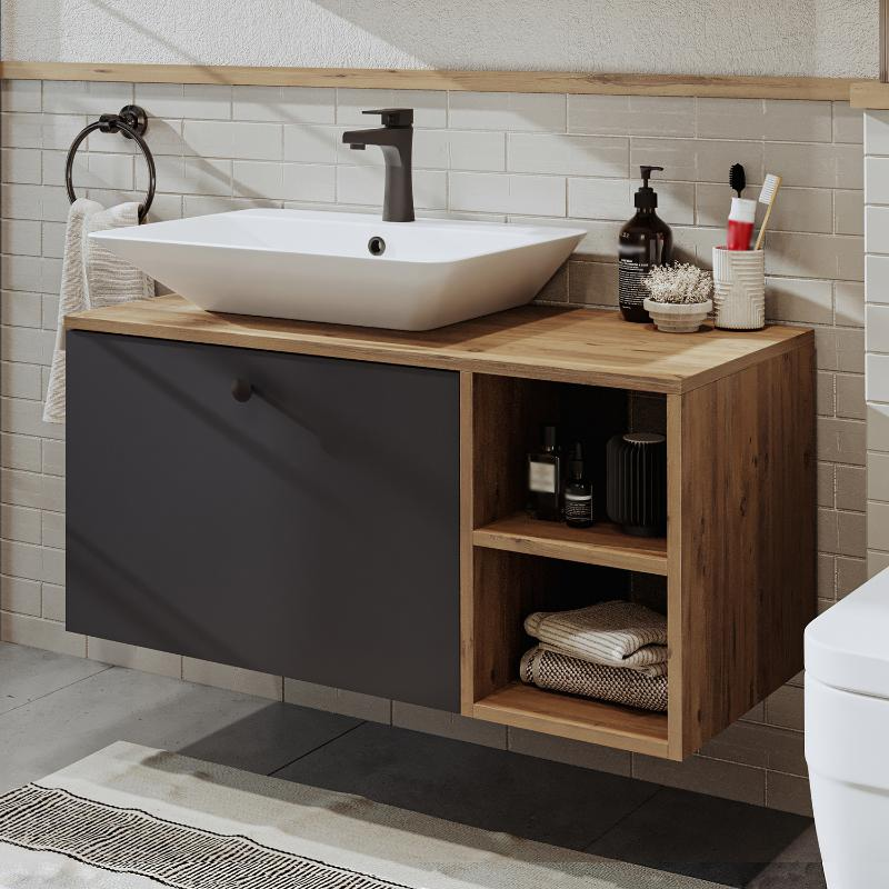 Mobile bagno sospeso lavabo appoggio rettangolare 95 cm rovere antracite Ocean