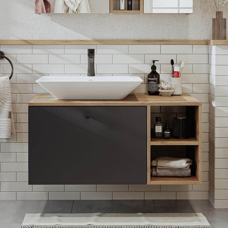 Mobile bagno sospeso lavabo appoggio rettangolare 95 cm rovere antracite Ocean
