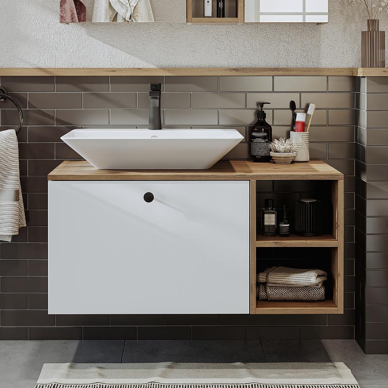 Mobile bagno sospeso lavabo appoggio rettangolare 95 cm rovere bianco Ocean