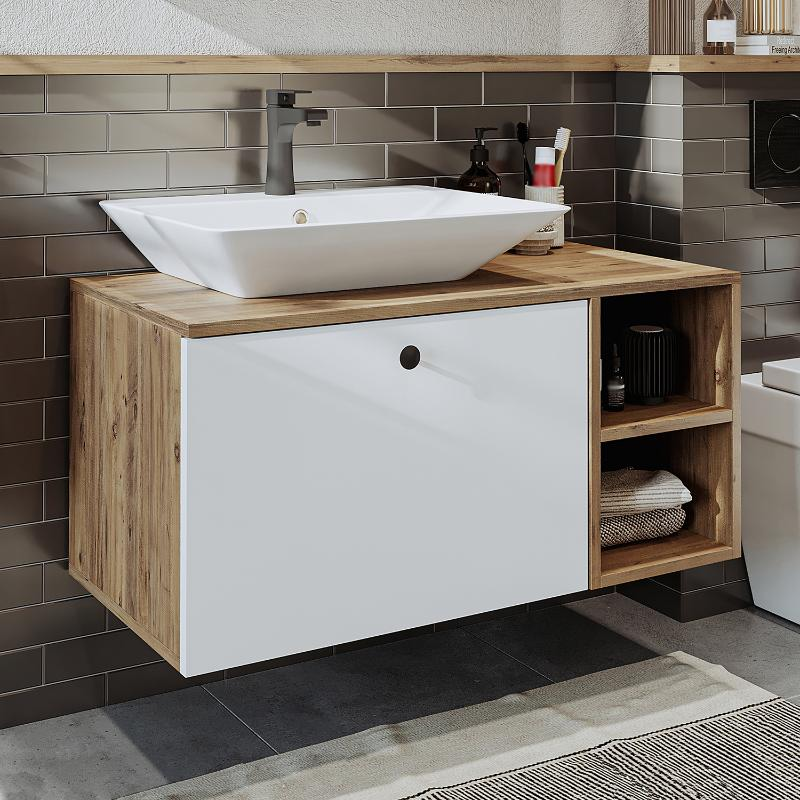Mobile bagno sospeso lavabo appoggio rettangolare 95 cm rovere bianco Ocean