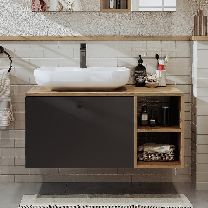 Mobile bagno sospeso lavabo tondo 95 cm rovere antracite Ocean