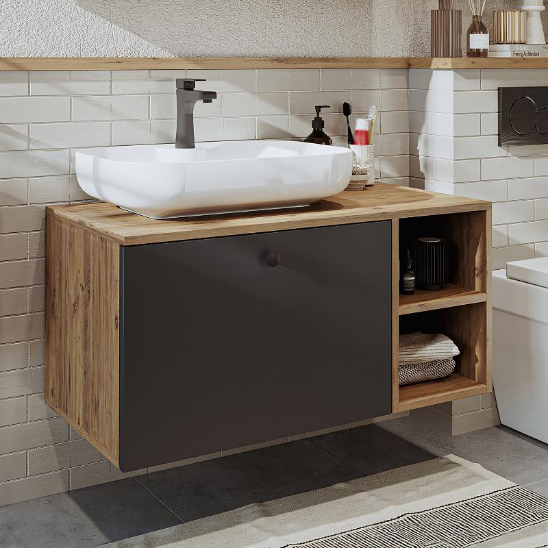 Mobile bagno sospeso lavabo tondo 95 cm rovere antracite Ocean