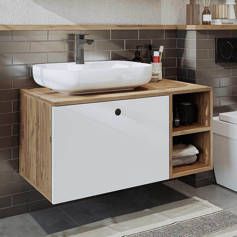 Mobile bagno sospeso lavabo appoggio tondo 95 cm rovere bianco Ocean