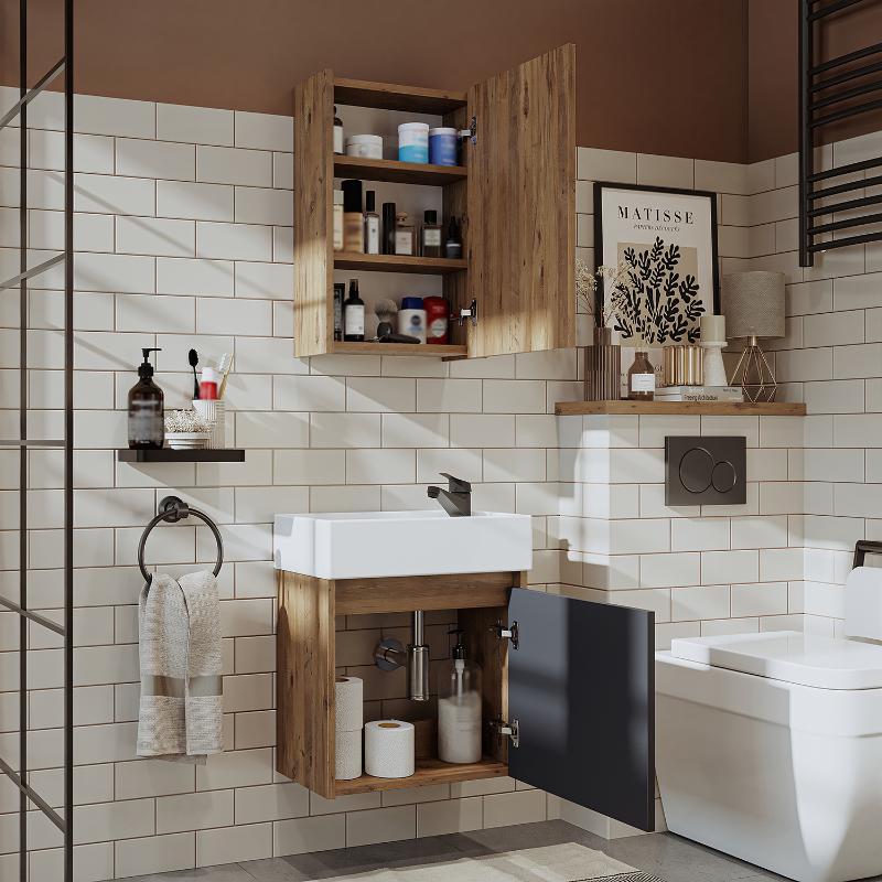 Mobile bagno sospeso lavabo incasso specchio 50 cm rovere antracite Drift