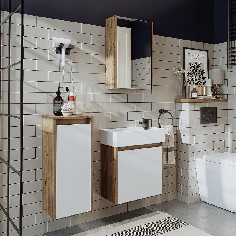 Mobile bagno sospeso lavabo incasso specchio colonna 50 cm rovere bianco Drift
