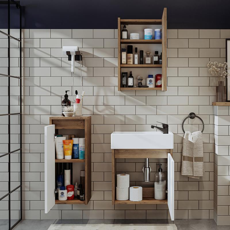 Mobile bagno sospeso lavabo incasso specchio colonna 50 cm rovere bianco Drift