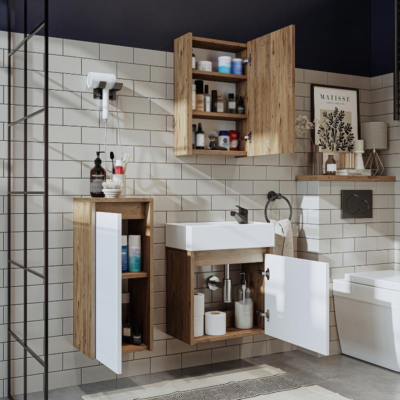 Mobile bagno sospeso lavabo incasso specchio colonna 50 cm rovere bianco Drift