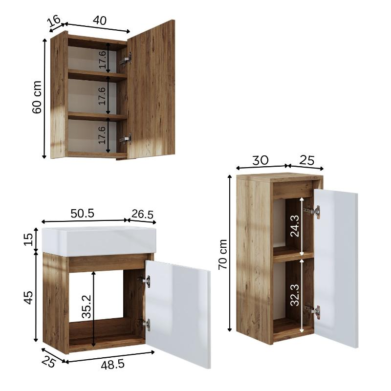 Mobile bagno sospeso lavabo incasso specchio colonna 50 cm rovere bianco Drift