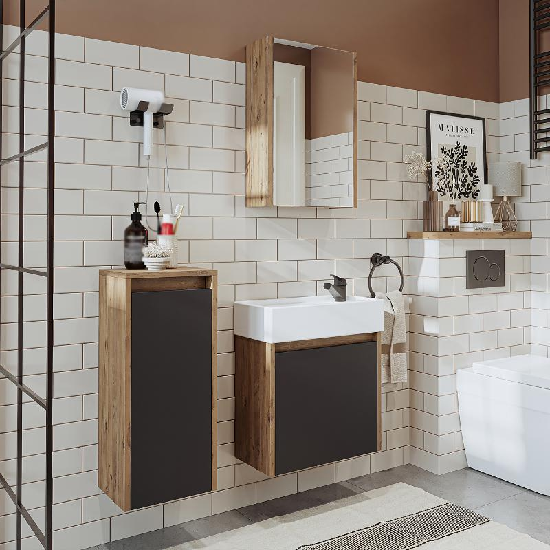 Mobile bagno sospeso lavabo incasso specchio colonna 50 cm rovere antracite Drift
