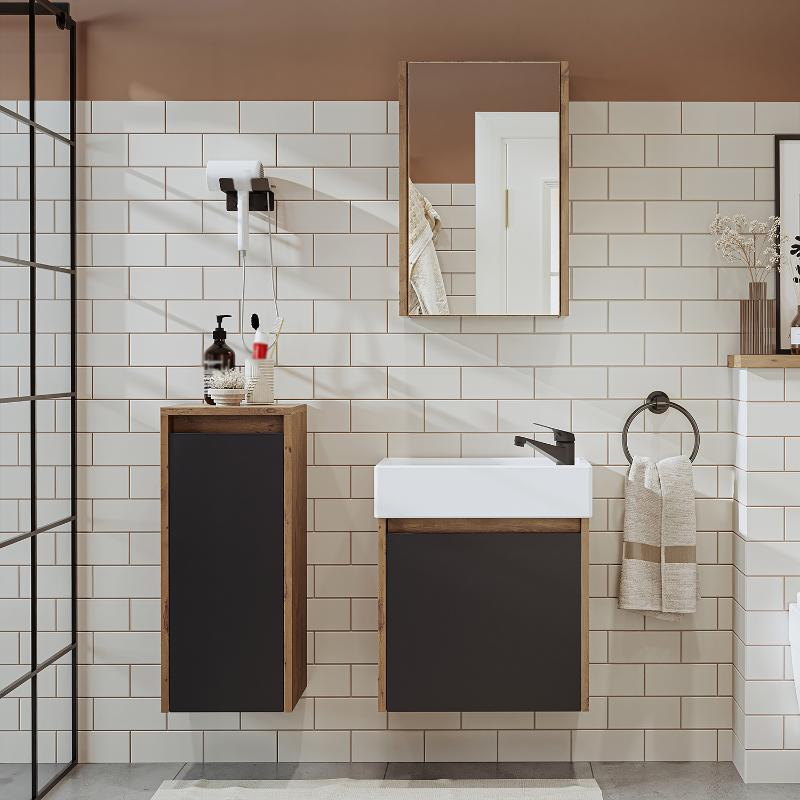 Mobile bagno sospeso lavabo incasso specchio colonna 50 cm rovere antracite Drift