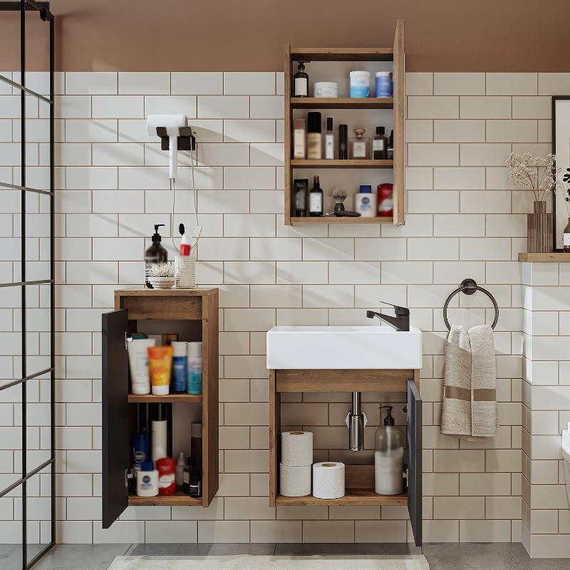 Mobile bagno sospeso lavabo incasso specchio colonna 50 cm rovere antracite Drift