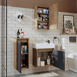 Mobile bagno sospeso lavabo incasso specchio colonna 50 cm rovere antracite Drift