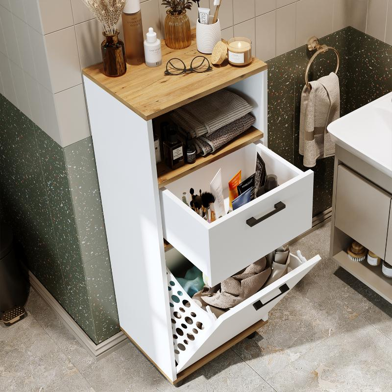 Mobile lavanderia colonna bagno cesto portabiancheria 45xH125 rovere bianco Sirena