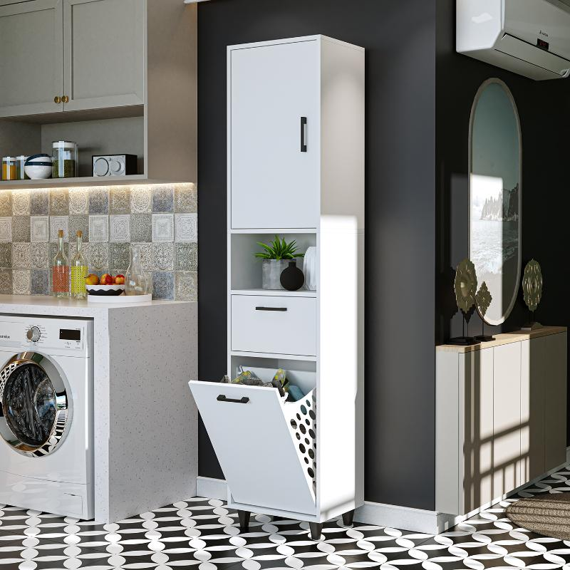 Mobile lavanderia colonna bagno cesto portabiancheria 45xH200 bianco Sirena