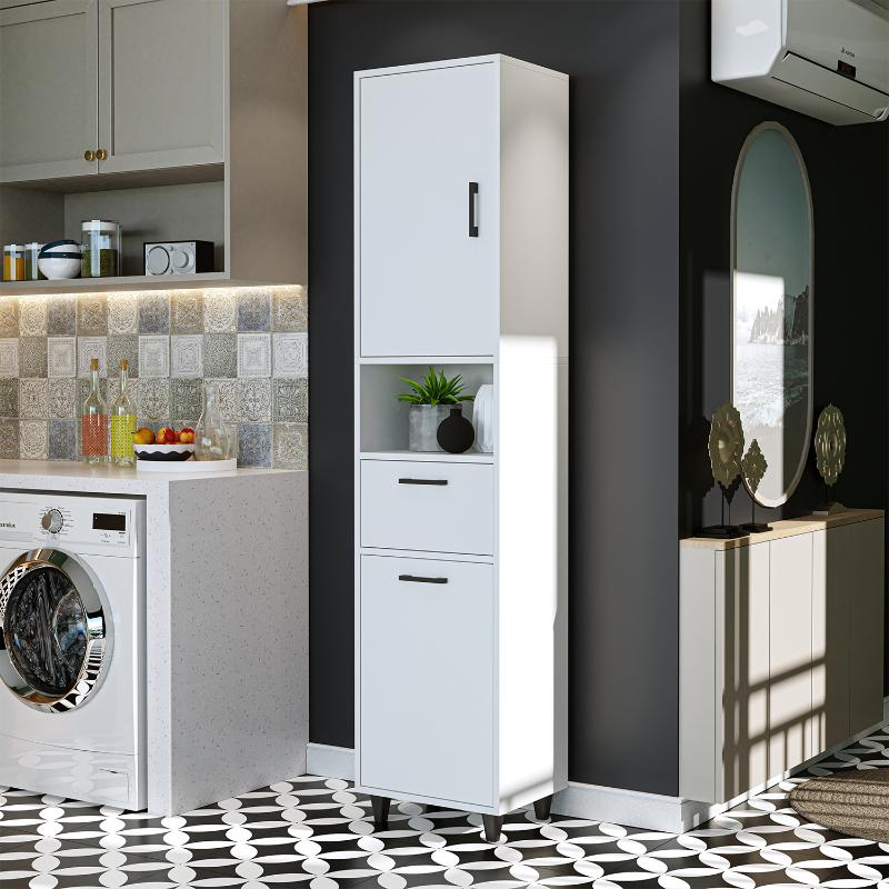 Mobile lavanderia colonna bagno cesto portabiancheria 45xH200 bianco Sirena