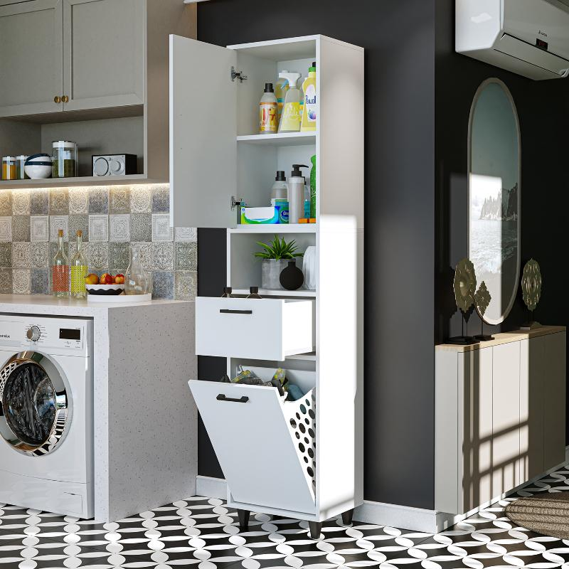 Mobile lavanderia colonna bagno cesto portabiancheria 45xH200 bianco Sirena