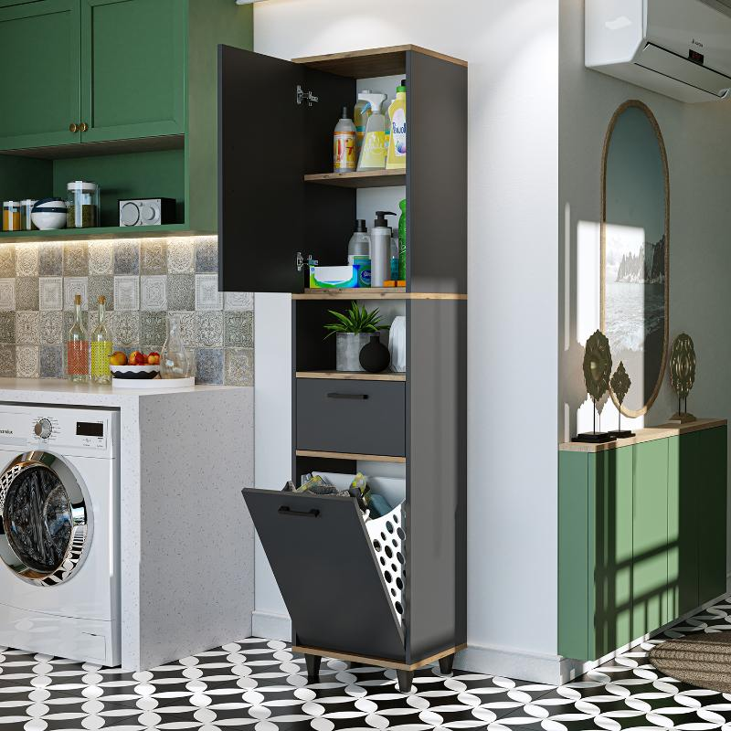 Mobile lavanderia colonna bagno cesto portabiancheria 45xH200 rovere antracite Sirena