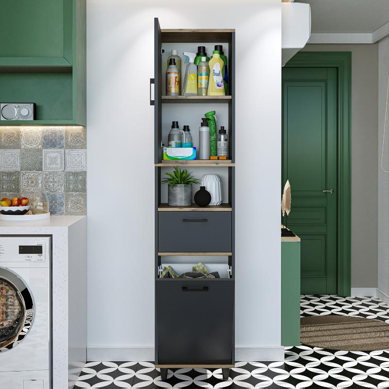 Mobile lavanderia colonna bagno cesto portabiancheria 45xH200 rovere antracite Sirena