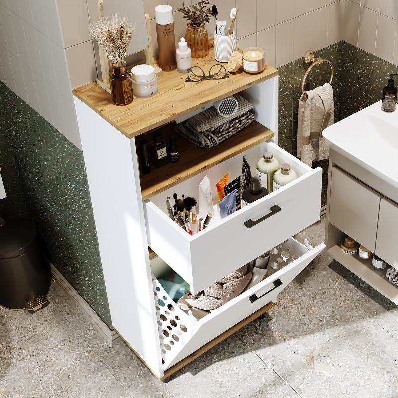 Mobile lavanderia colonna bagno cesto portabiancheria 60xH125 rovere bianco Sirena