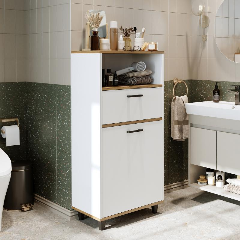 Mobile lavanderia colonna bagno cesto portabiancheria 60xH125 rovere bianco Sirena