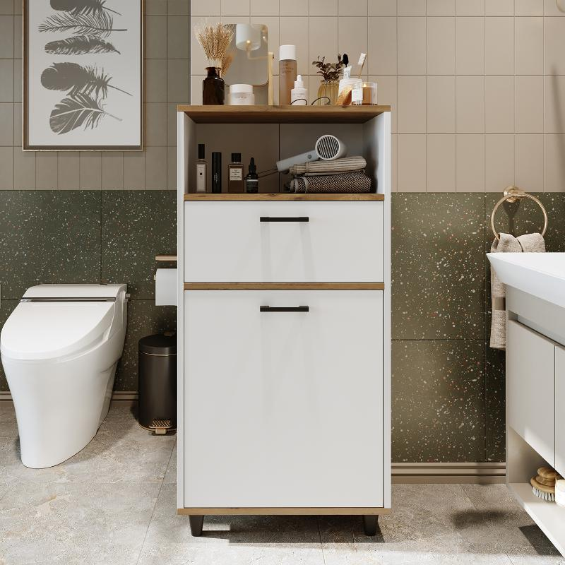 Mobile lavanderia colonna bagno cesto portabiancheria 60xH125 rovere bianco Sirena