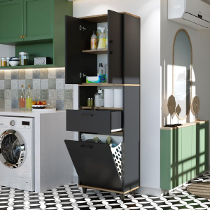 Mobile lavanderia colonna bagno cesto portabiancheria 60xH200 rovere antracite Sirena