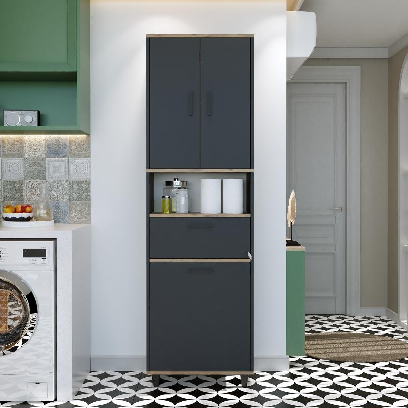 Mobile lavanderia colonna bagno cesto portabiancheria 60xH200 rovere antracite Sirena