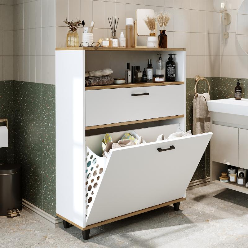 Mobile lavanderia colonna bagno cesto portabiancheria 90xH125 rovere bianco Sirena