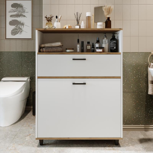 Mobile lavanderia colonna bagno cesto portabiancheria 90xH125 rovere bianco Sirena