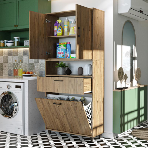 Mobile lavanderia colonna bagno cesto portabiancheria 90xH200 rovere Sirena