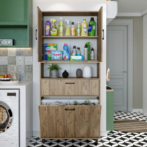 Mobile lavanderia colonna bagno cesto portabiancheria 90xH200 rovere Sirena