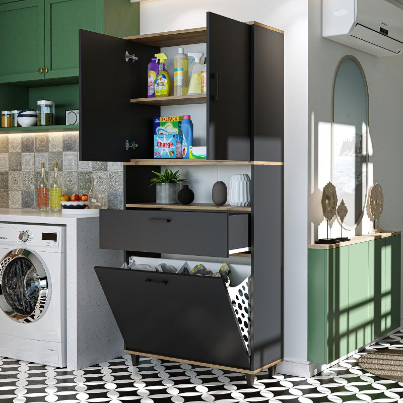 Mobile lavanderia colonna bagno cesto portabiancheria 90xH200 rovere antracite Sirena