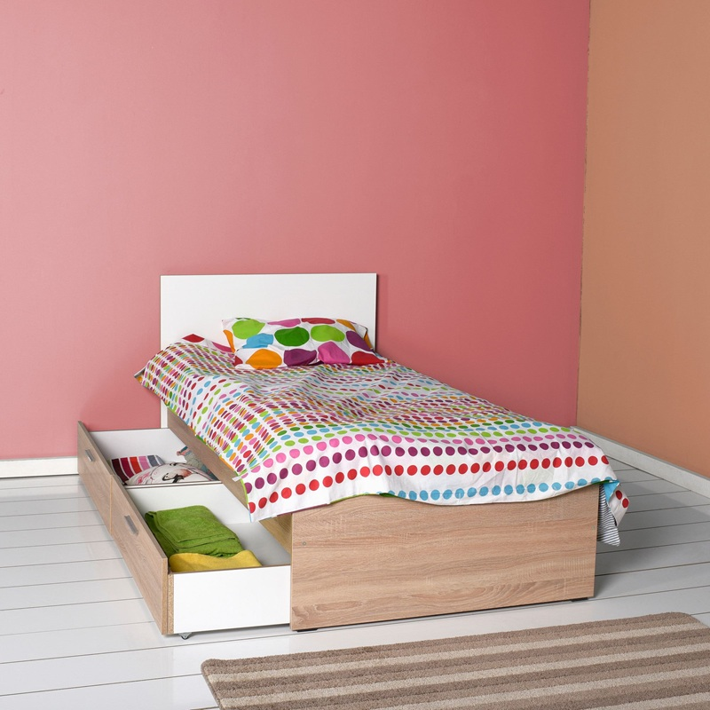 Letto singolo contenitore 2 cassettoni 90x190 cm rovere bianco Mason