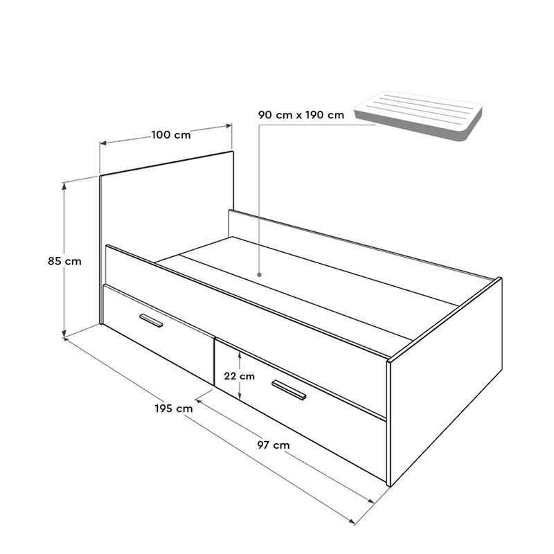 Letto singolo contenitore 2 cassettoni 90x190 cm rovere bianco Mason