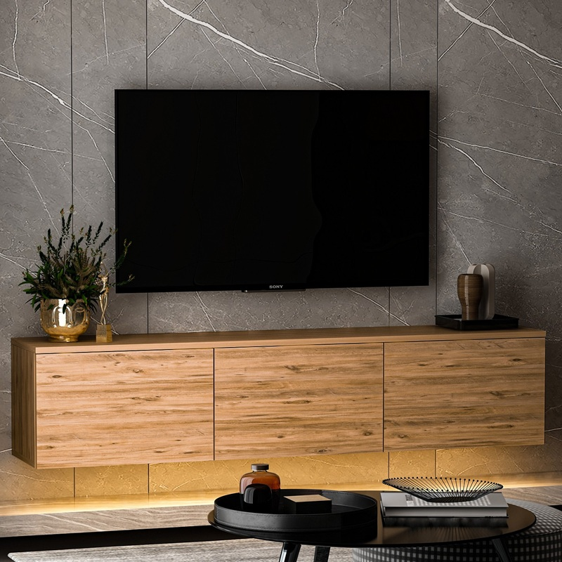 Mobile porta tv moderno sospeso led 160xH35 cm rovere Discovery