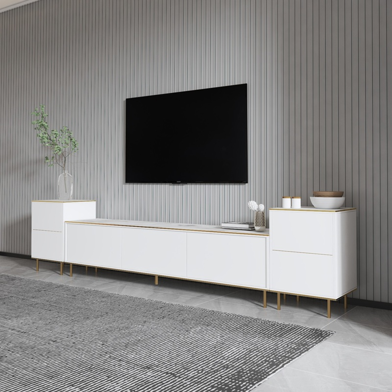 Mobile porta tv moderno terra design 260xH45 cm marmo bianco Griffin