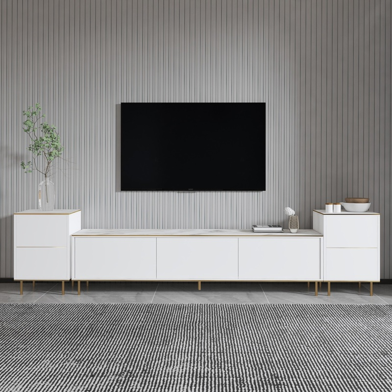 Mobile porta tv moderno terra design 260xH45 cm marmo bianco Griffin