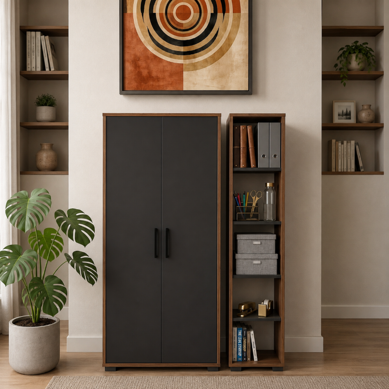 Armadio mobile ufficio con libreria 120xH180 rovere scuro antracite Vertice