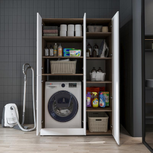 Armadio chiuso mobile lavatrice ripiani portascope 115xH185 rovere bianco Shine-1