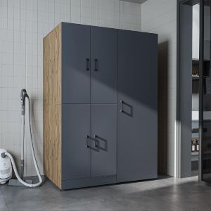 Armadio chiuso mobile lavatrice ripiani portascope 130xH185 rovere antracite Shine-2